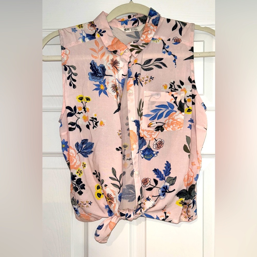 H&M Light Pink Floral Button Down Tie-Front Sleeveless Blouse Girls 13-14Y